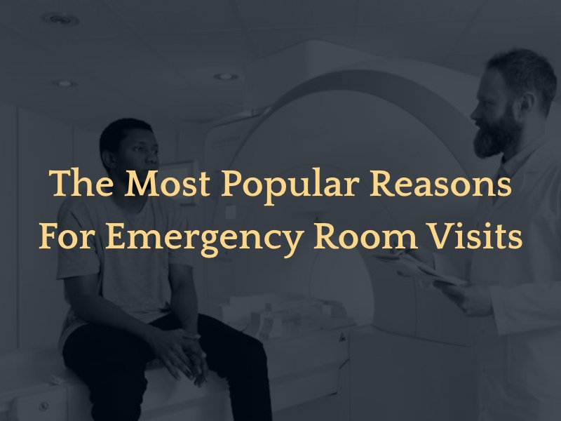 man consulting with doctor in front of MRI with the text caption: "the most popular reason for emergency room visits"